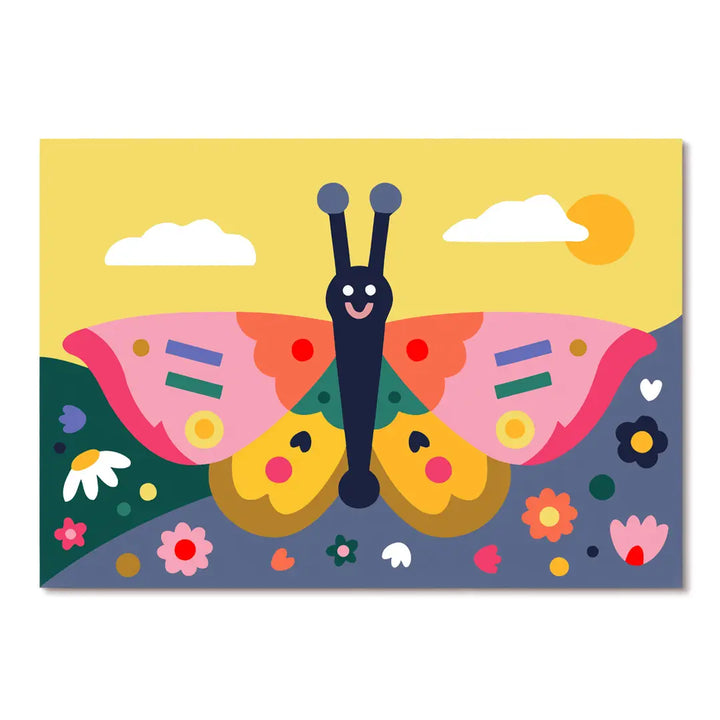A colorful butterfly paint by numbers print featuring a stylized black butterfly with pink, orange, yellow, and green wings against a yellow sky, white clouds, and a blue-gray ground with small flowers.