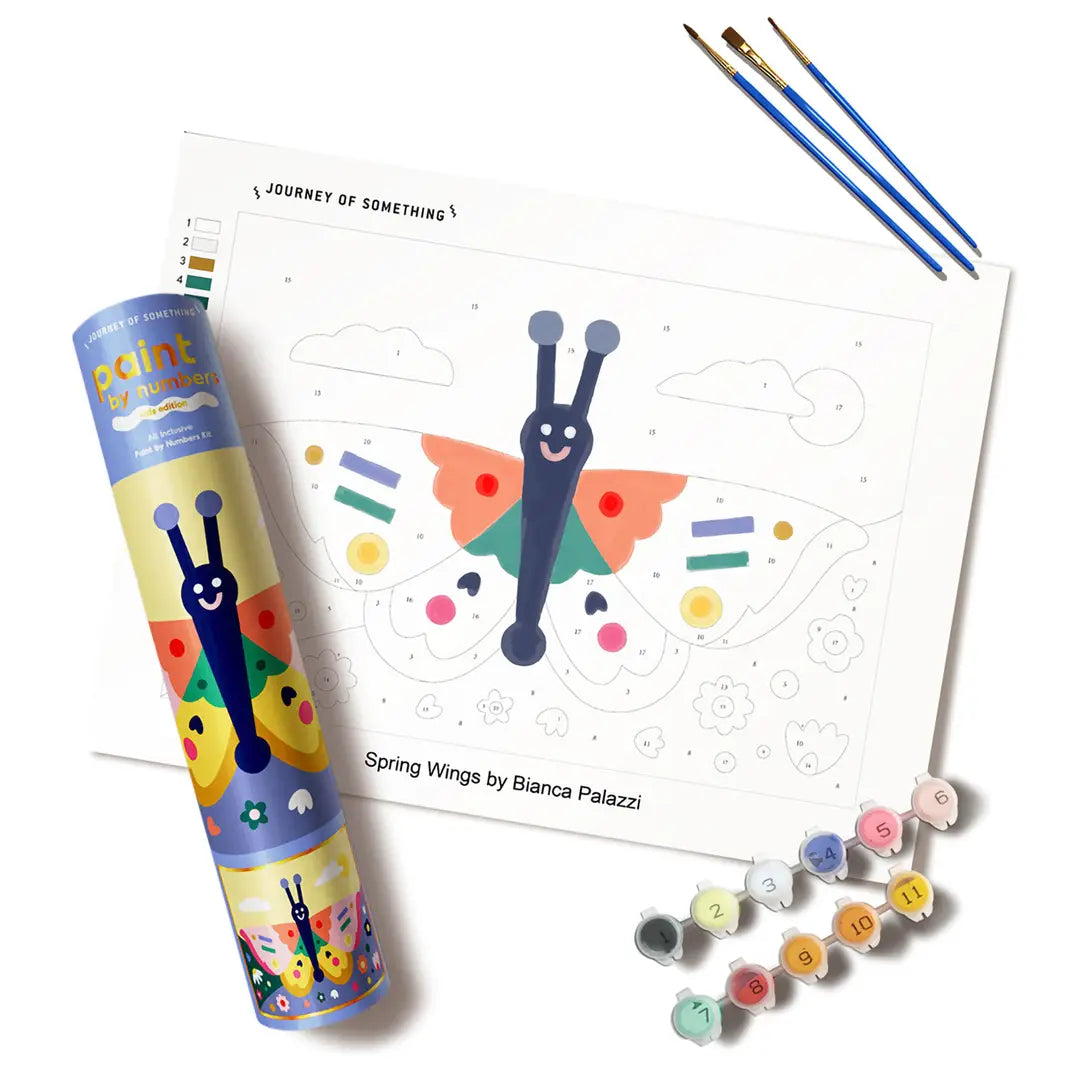 Paint by numbers with a butterfly design, paintbrushes, and paint tubes on a white background