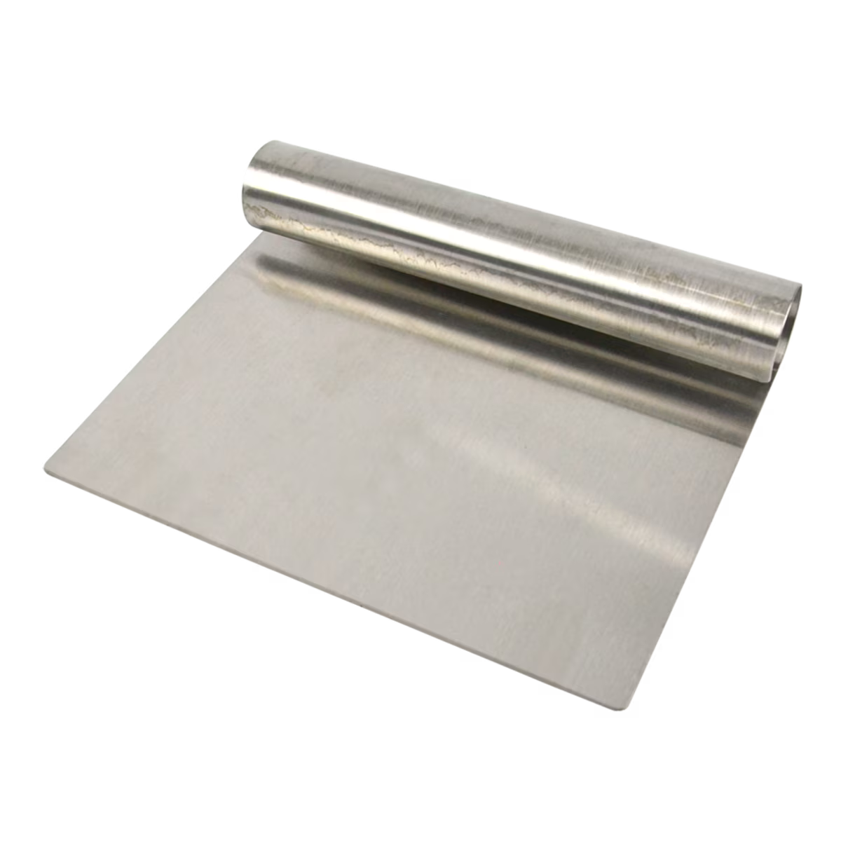 Stainless steel dough scraper on a white background