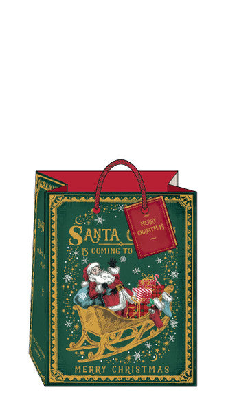 Christmas-themed gift bag with Santa Claus and reindeer design on a white background