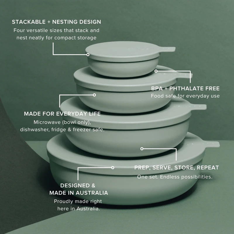 A set of five matching plastic bowls in a muted sage green color, stacked and nested to show their different sizes. White text callouts with lines point to the bowls, highlighting features like stackable nesting design, BPA-free safety, suitability for everyday life, and made in Australia.