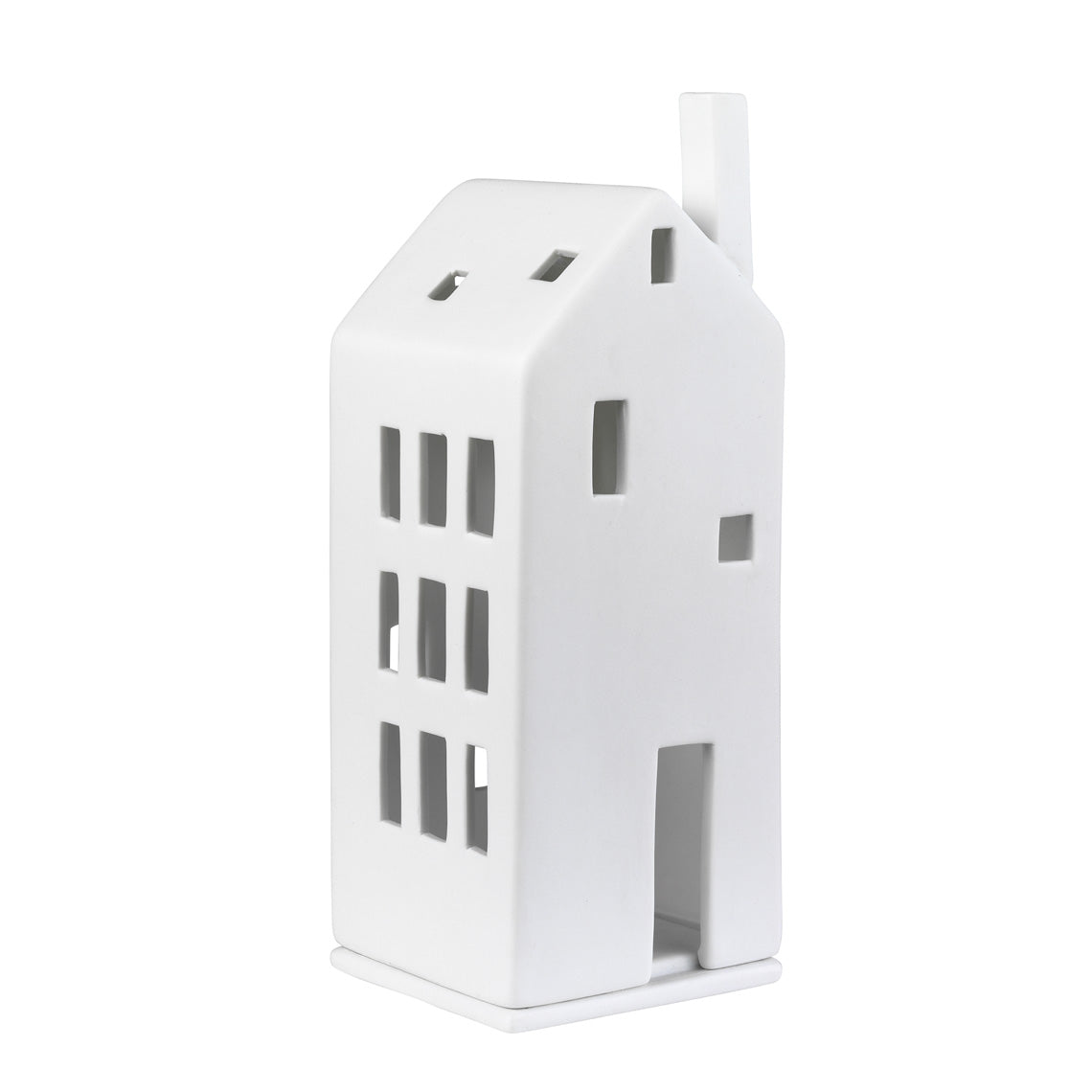 White house-shaped candle holder on a white background