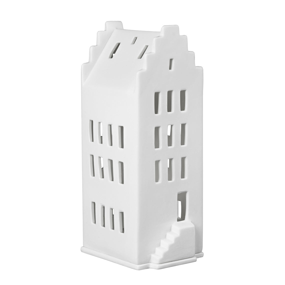 White ceramic tealight house candle holder on a white background