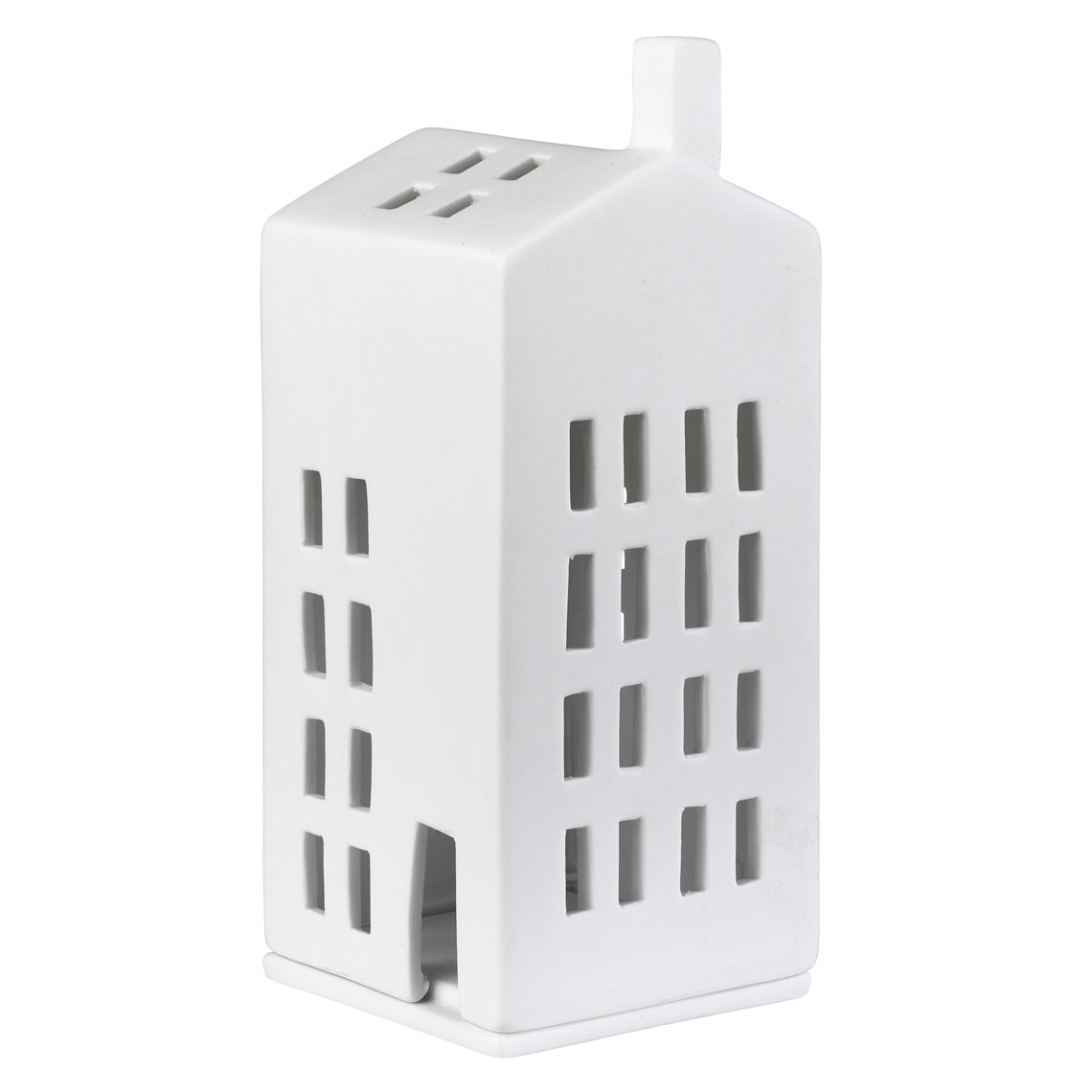 A white ceramic house-shaped candle holder with cutout windows and a small chimney, shown on a plain white background.