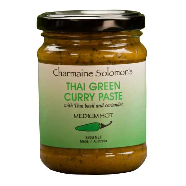 Jar of Charmaine Solomon's Thai Green Curry Paste on a white background
