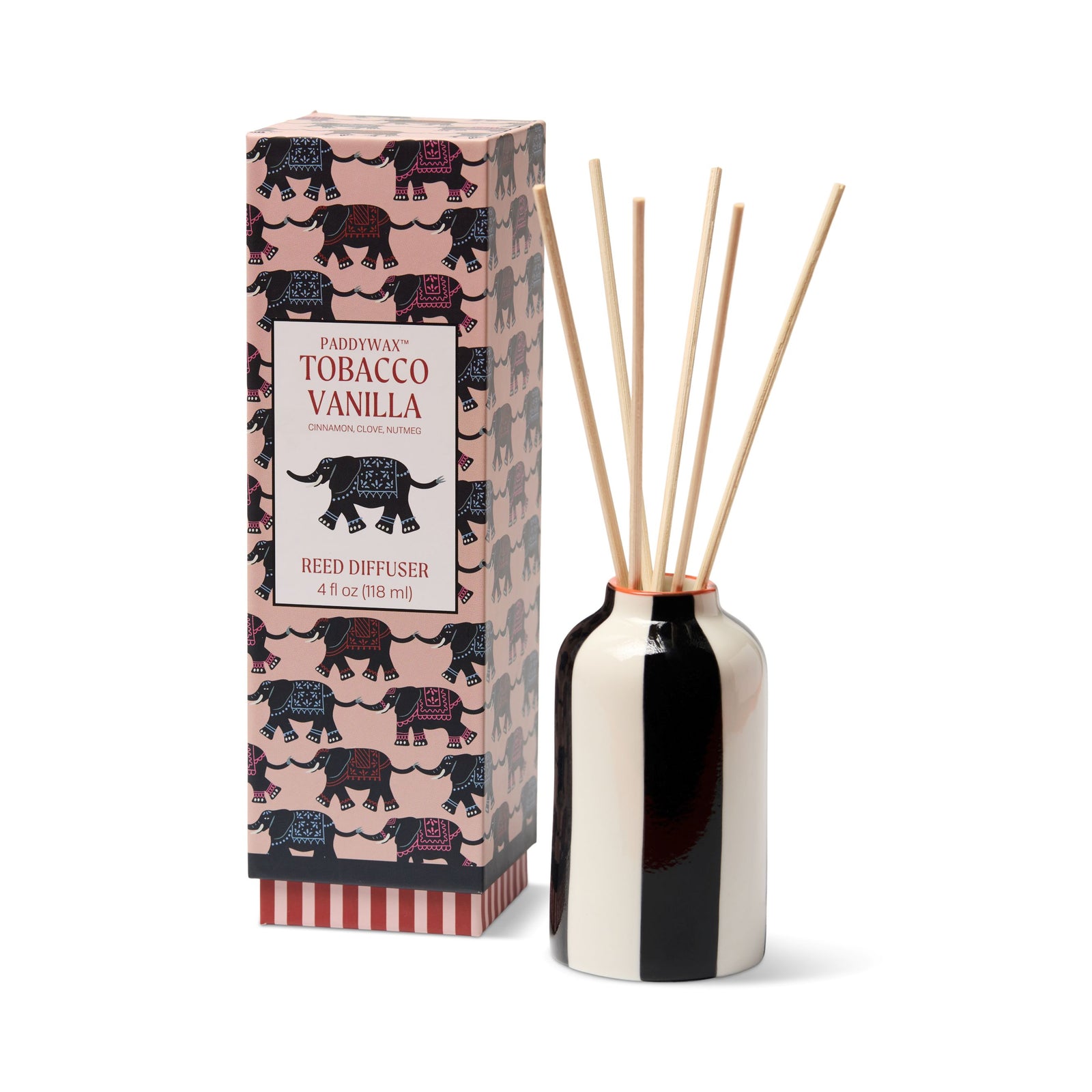 hand painted black and white striped reed diffuser with box decorated with elephant pattern labelled tobacco vanilla