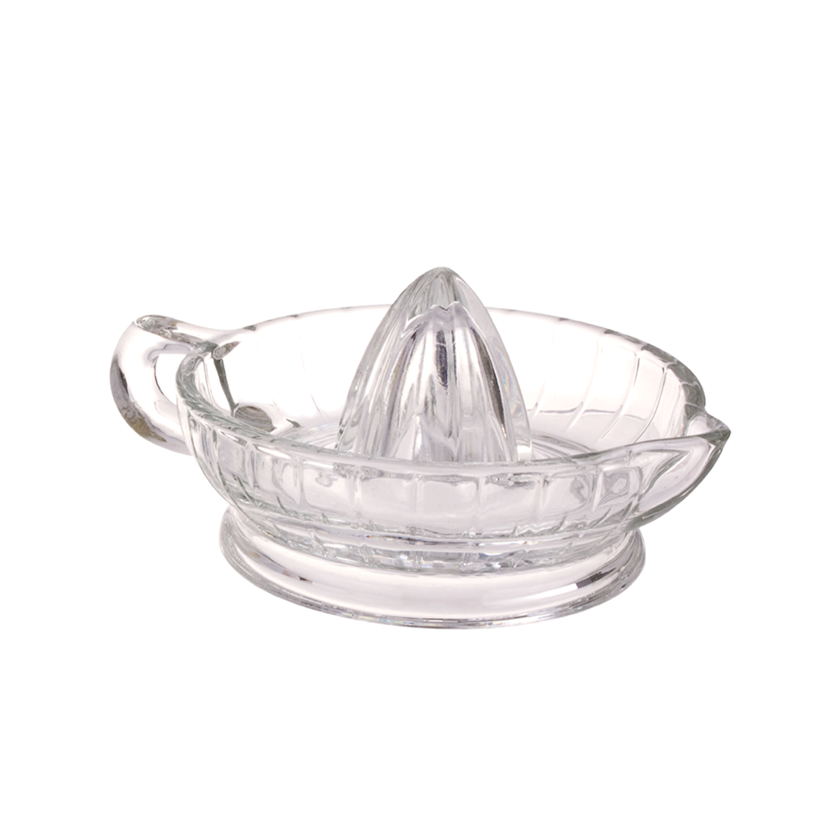Clear glass citrus juicer on a white background