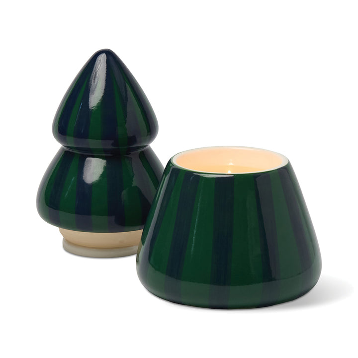 Ceramic christmas tree ceramic candle with lid on a white background