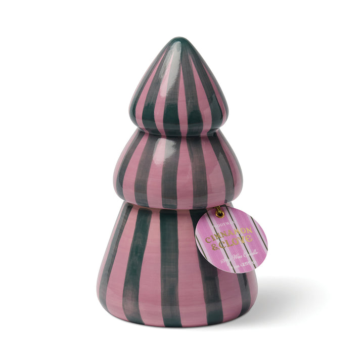Striped pink and green Christmas tree candle on a white background