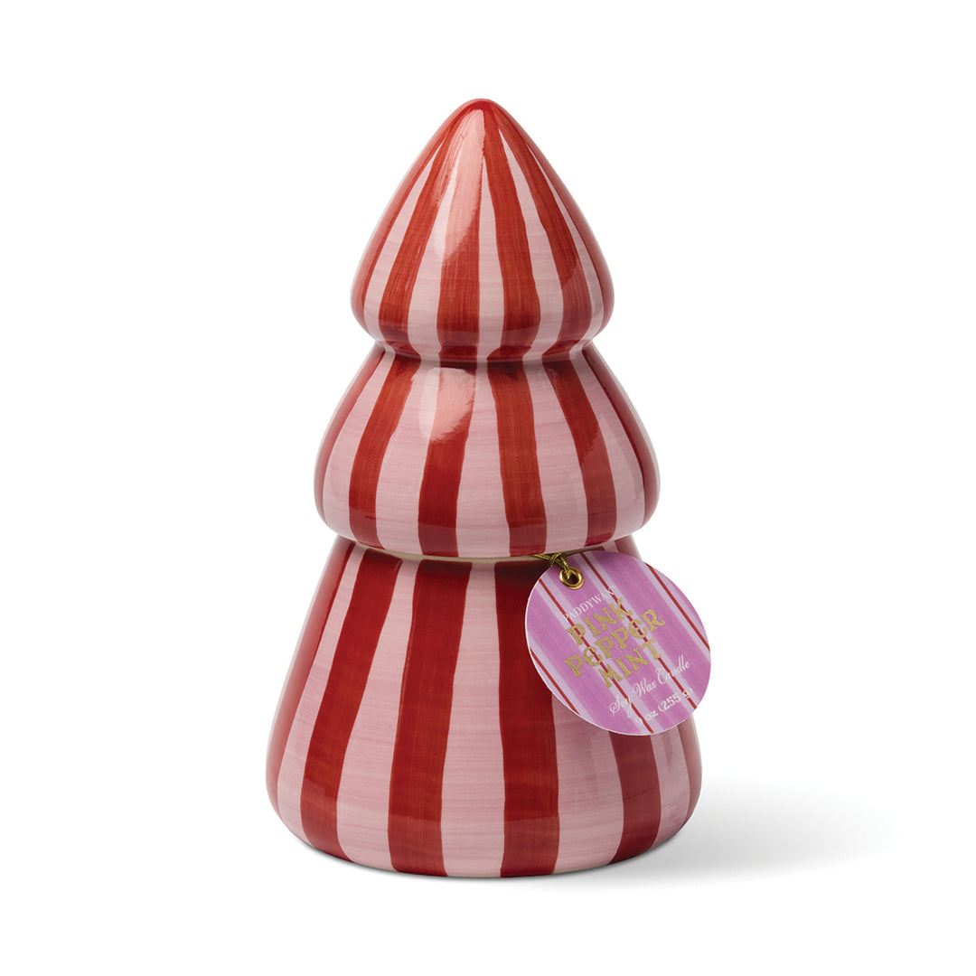 Red and pink striped decorative item with a tag on a white background