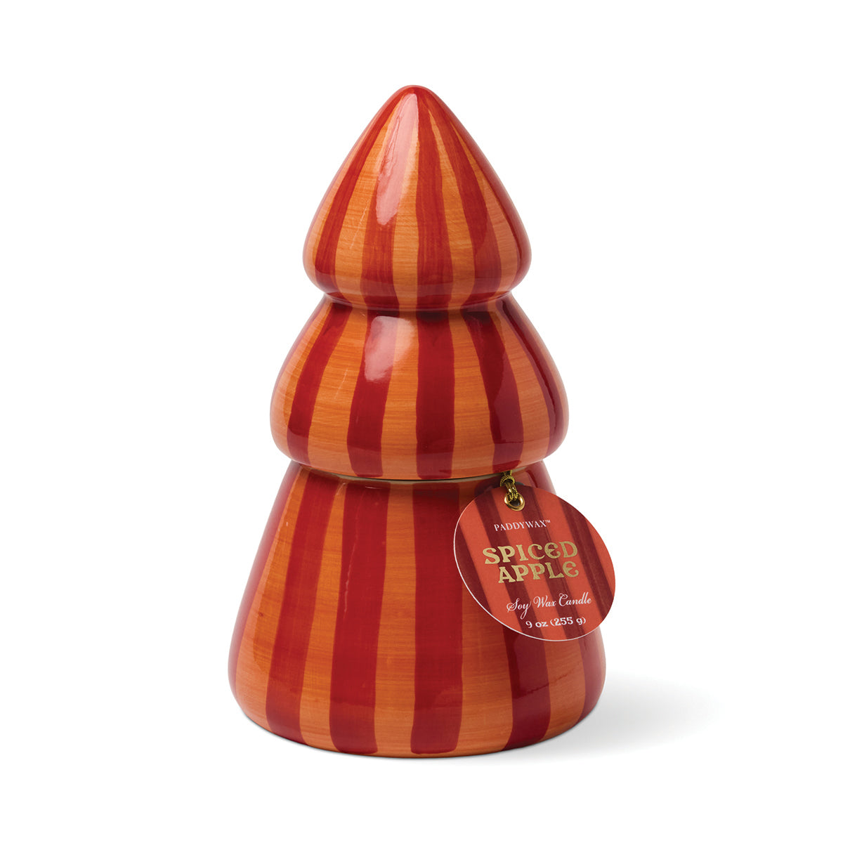 Decorative spiced apple candle with red and orange stripes on a white background