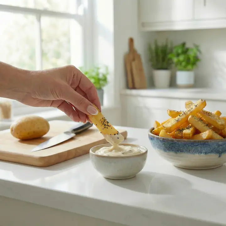 Person dipping a chip into a bowl of dip on a kitchen counter.