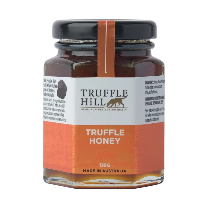 Jar of Truffle Hill truffle honey on a white background