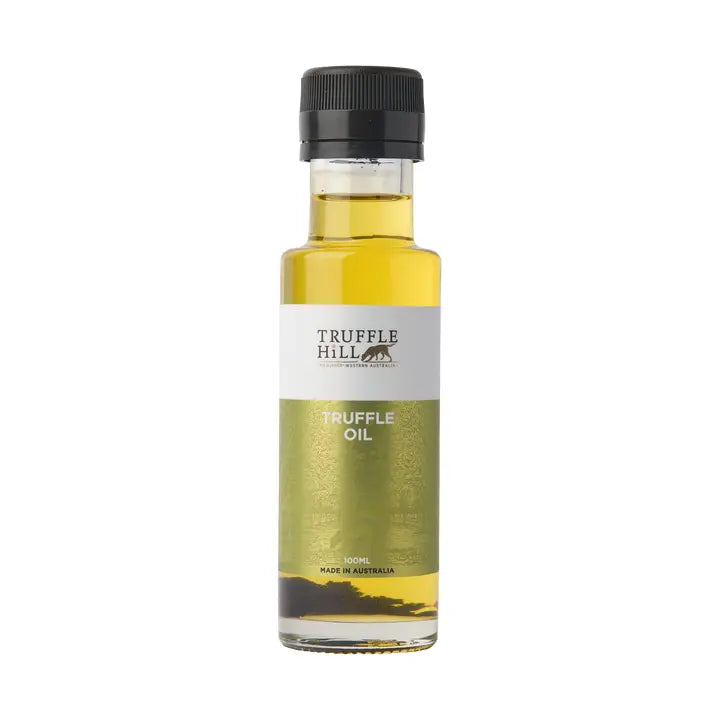 Bottle of Truffle Hill truffle oil on a white background