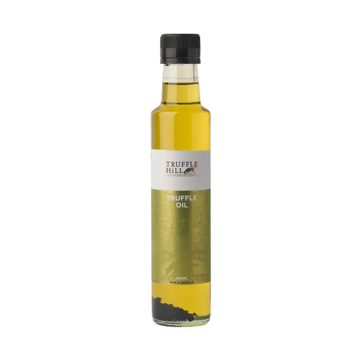 Bottle of Truffle Hill truffle oil on a white background