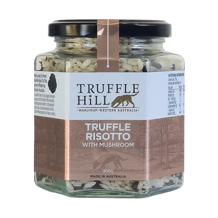 Jar of Truffle Hill truffle risotto with mushroom on a white background