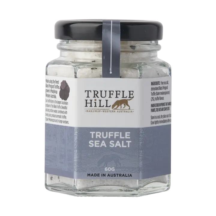 Jar of Truffle Hill truffle sea salt on a white background