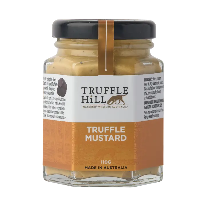 Jar of Truffle Hill truffle mustard on a white background