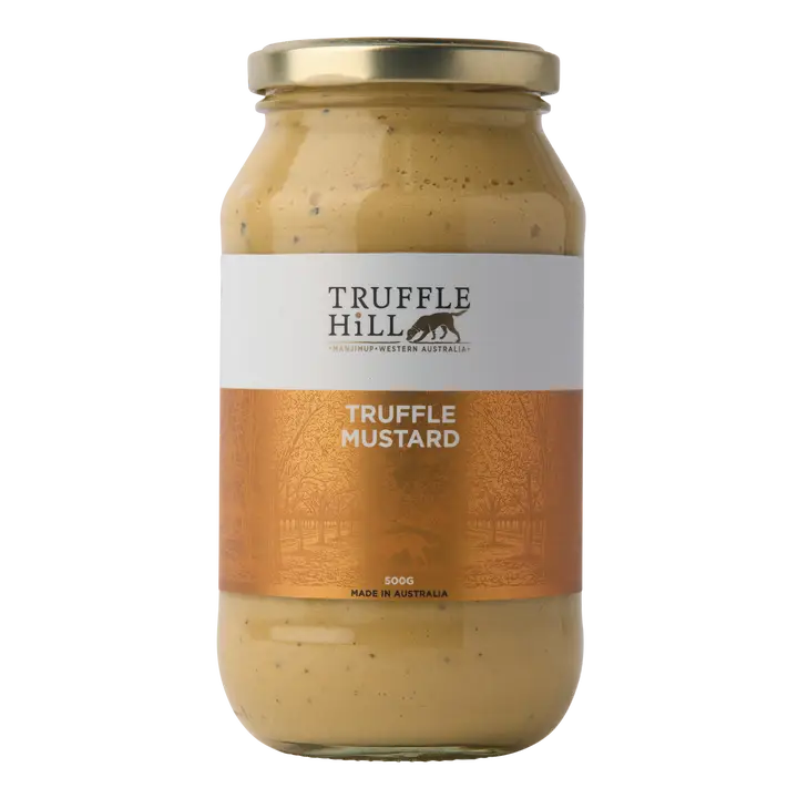 Jar of Truffle Hill truffle mustard on a white background