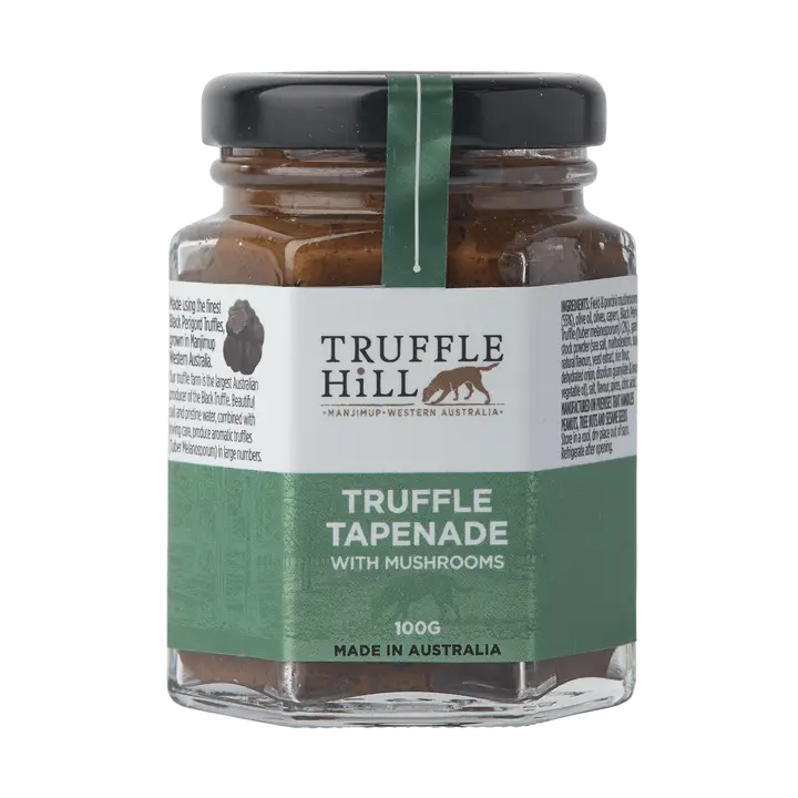 Jar of Truffle Hill truffle tapenade with mushrooms on a white background