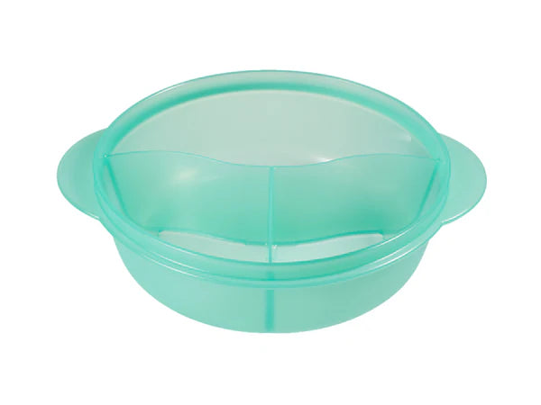 A mint green plastic divided microwaveable bowl with side handles, shown on a plain white background.