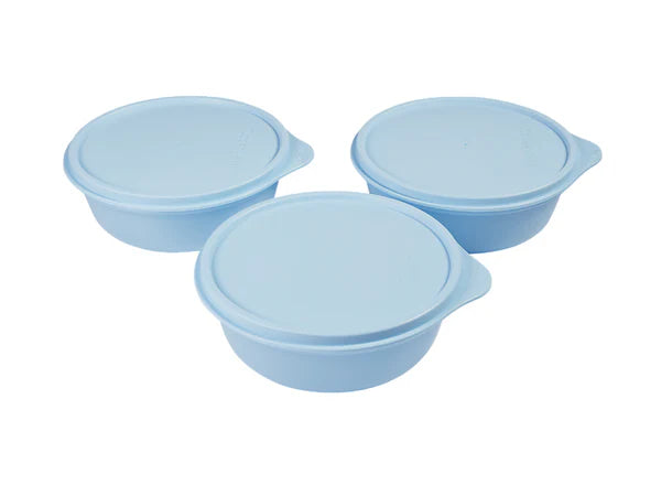 Three light blue plastic containers with lids on a white background