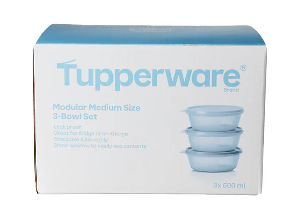 Tupperware Modular Medium Size 3-Bowl Set retail box, showing the brand name, product type, and a small image of the three stacked bowls on a white background.