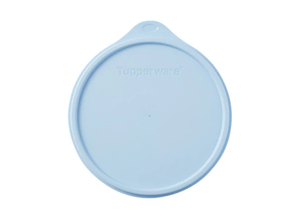 A light blue round plastic lid with a small tab at the top and the embossed Tupperware logo, shown on a plain white background.