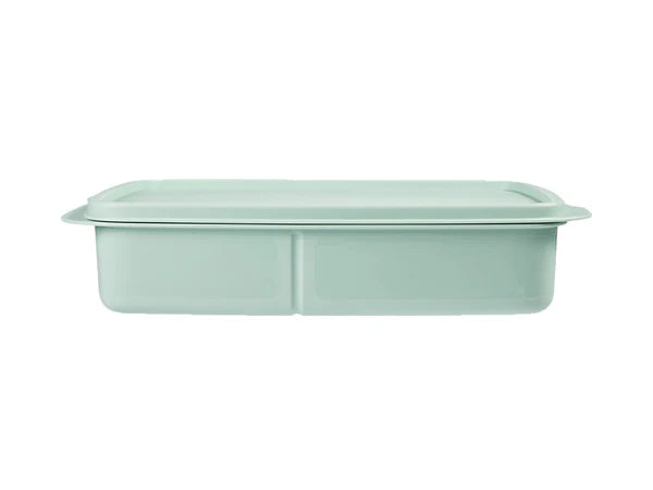 Green tupperware container on white backgrounf
