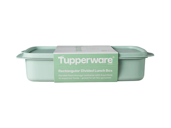 Tupperware rectangular divided lunch box on a white background