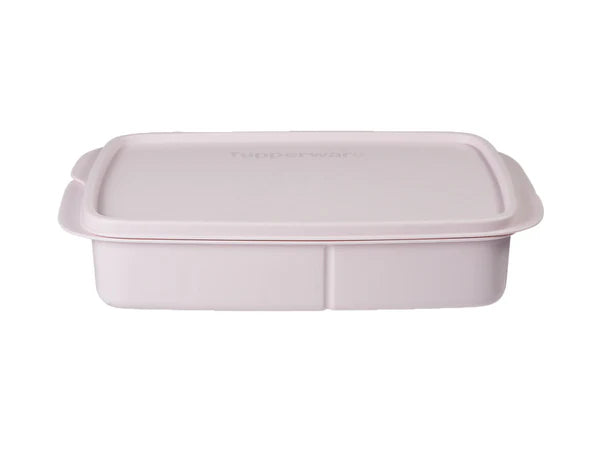 A light pink Tupperware rectangular food storage container with a matching lid, shown against a plain white background.