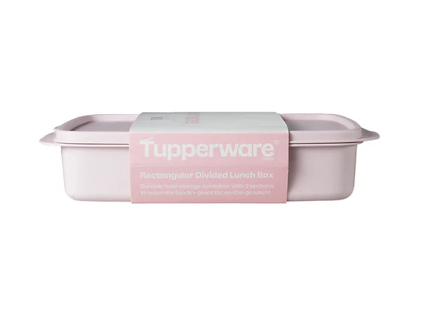 Tupperware divided lunch box with pink packaging on a white background
