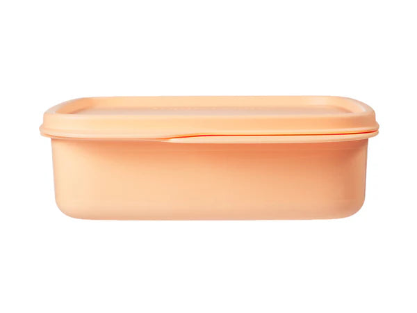 A square lunch container with a matching lid, shown in a solid peach-orange color on a plain white background.