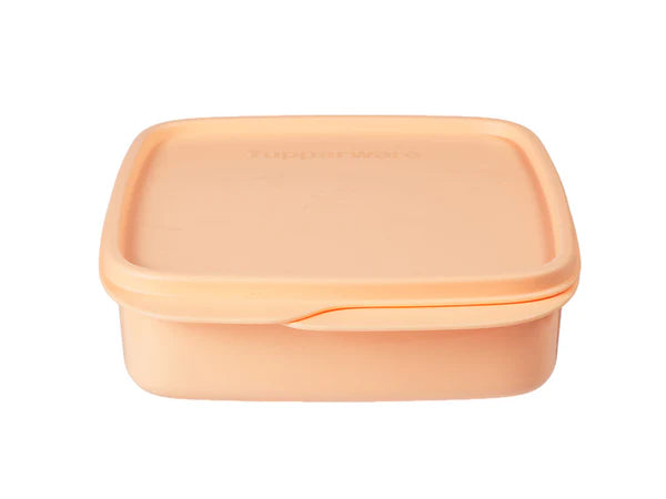 A Tupperware square food storage container with a matching lid, shown in a solid peach-orange color on a plain white background.