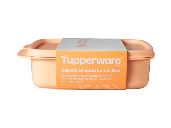 Tupperware square divided lunch box with orange packaging on a white background