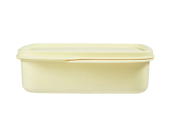 Square yellow container with a lid on a white background