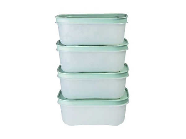 Four stacked translucent plastic storage containers with matching light mint green lids on a plain white background.