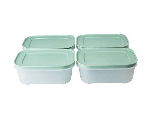 Four rectangular plastic food storage containers with matching lids, arranged in a 2x2 grid on a plain white background.