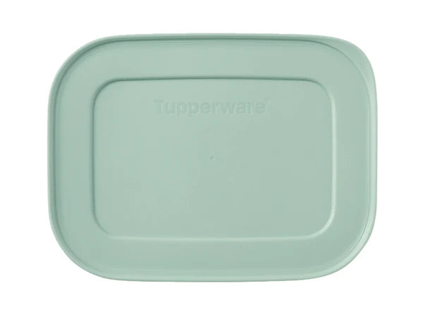 A mint green Tupperware plastic container lid with rounded corners, shown from a top-down view on a white background.