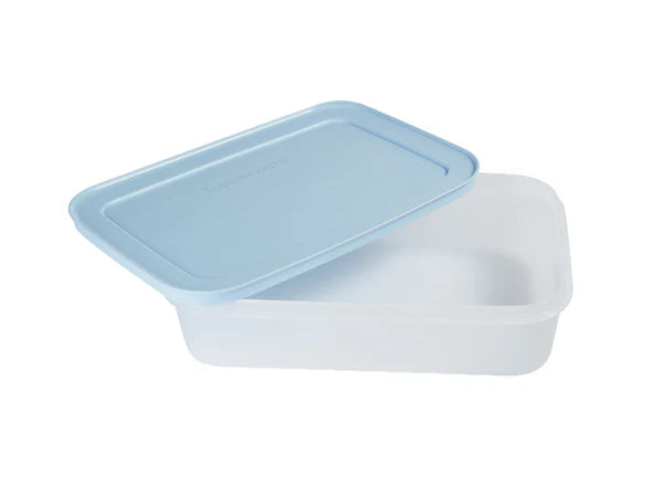 White rectangular container with a light blue lid on a white background