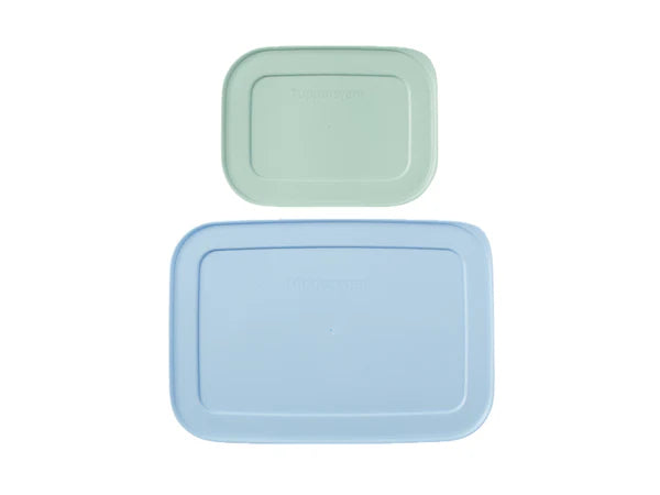 Two rectangular plastic storage containers with matching lids, one in light mint green and one in light blue, shown on a plain white background.