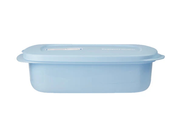 A light blue rectangular plastic food storage container with a matching lid, shown against a plain white background.