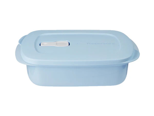 Light blue microwaveable container on white background