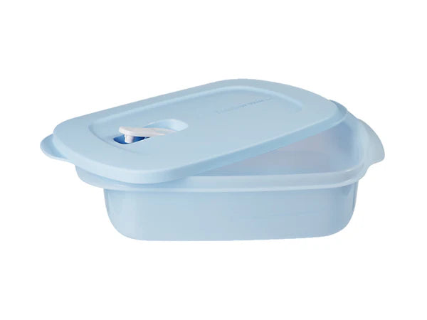 Light blue microwaveable container on white background