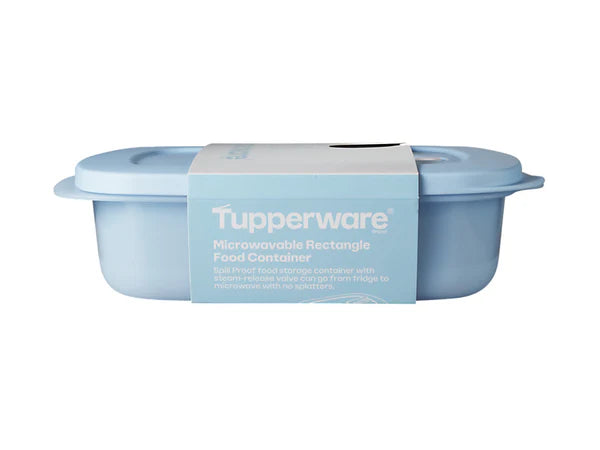 Blue Tupperware container with a label on a white background