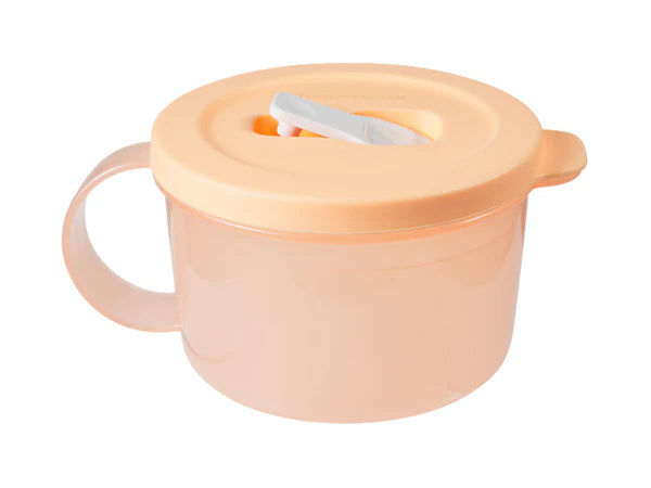 Orange microwaveable mug with a lid on a white background