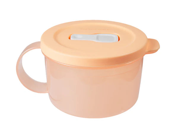 Orange microwaveable mug with a lid on a white background