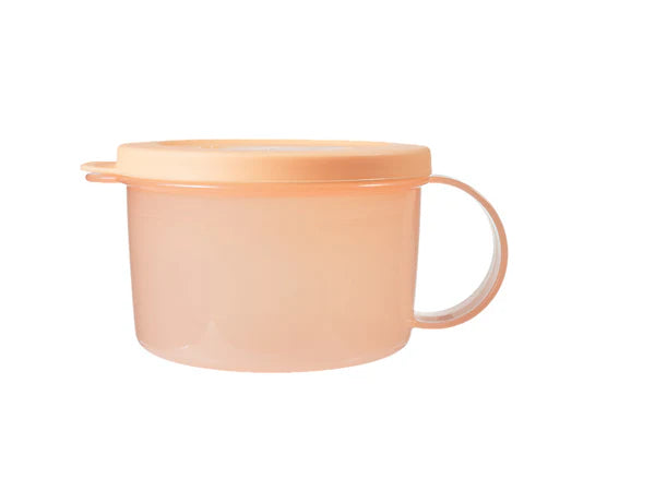 Orange microwaveable mug with a lid on a white background