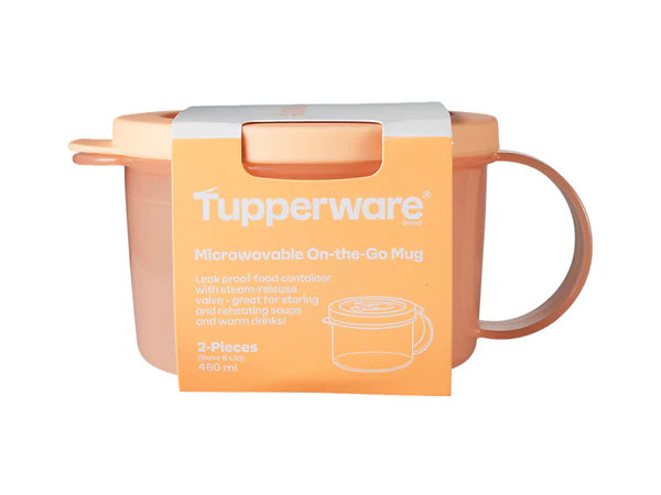 Tupperware microwavable on-the-go mug with orange handle and white lid on a white background