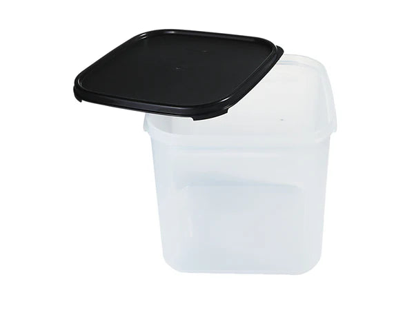 Clear plastic container with a black lid on a white background